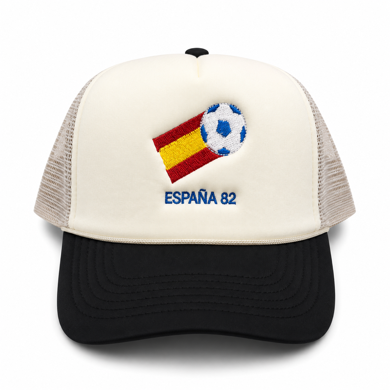Spain Espana 82 WC Mesh Trucker Snapback (Beige/Black)
